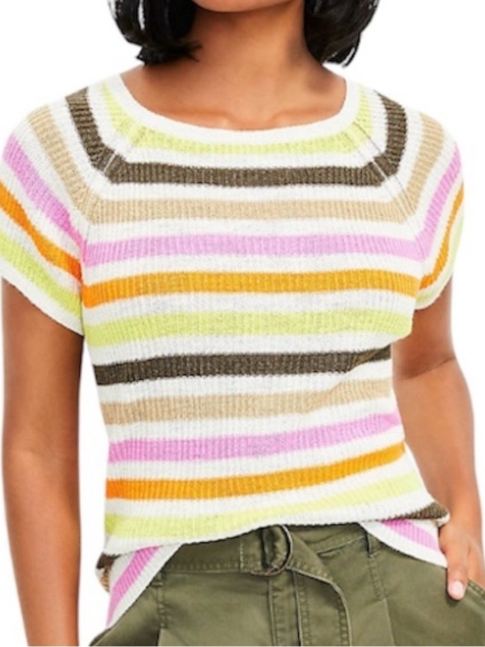 EUC, LOFT Striped Wedge Knit Short Sleeved Sweater Tee, Cream Multicolor, Size L